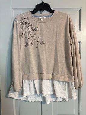 Matilda Jane M Beige Floral Long Sleeve Top with White Eyelet Ruffle